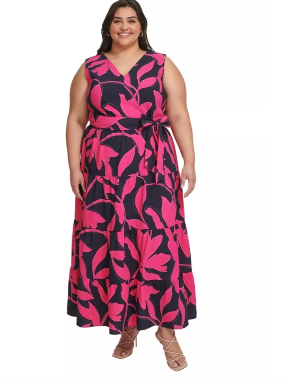 DKNY Women’s Size 10 Floral Wrap Dress Pink Black Sleeveless Midi Belted V Neck